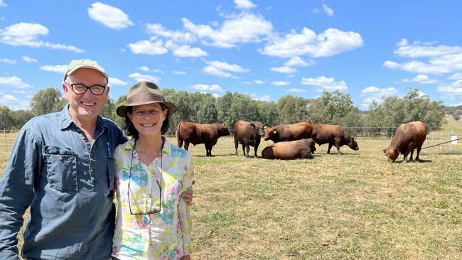 Buyers Judy Brookes and Duncan Hall of Coolongolook at Limestone in Victoria bought two Red Angus bulls for $18,000 and $11,000 at the Hicks Beef on-property sale at Holbrook. Picture: Nikki Reynolds