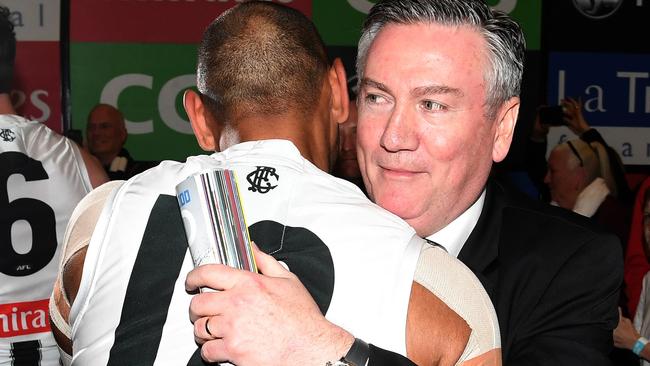 Eddie McGuire embraces Travis Varcoe after Collingwood’s win over Richmond. Picture: AAP Images