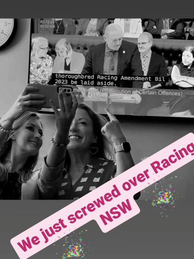 Animal justice MP Emma hurst gloating with Green MP Abigail Boyd declaring they “screwed over” racing - with help from Nationals. Source: Instagram