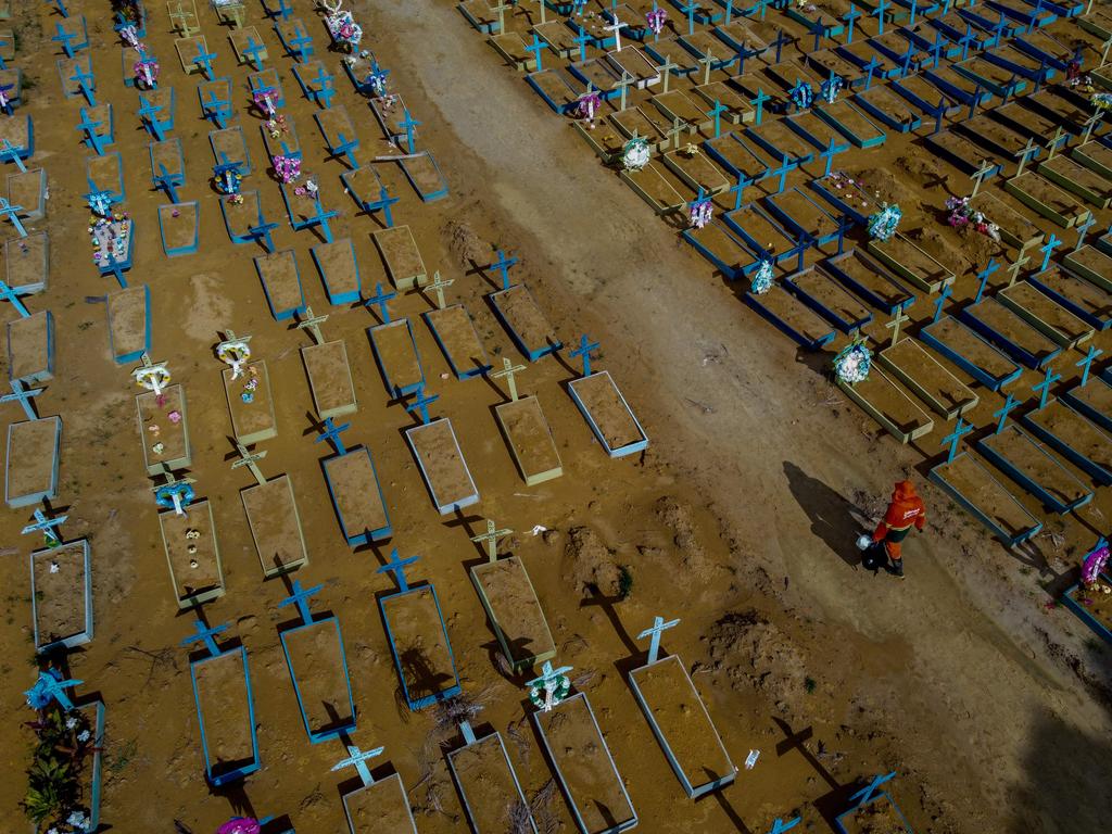 Graves at the Nossa Senhora Aparecida cemetery in Manaus, Amazonas state, Brazil. Picture: Michael Dantas/AFP