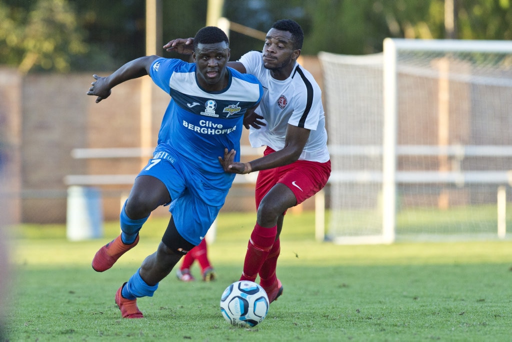 Kimba Kibombo for South West Queensland Thunder against Redlands United in NPL Queensland men round eight football at Clive Berghofer Stadium, Saturday, March 23, 2019. Picture: Kevin Farmer