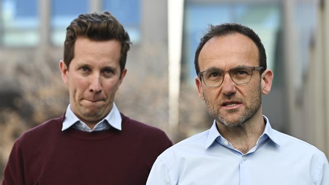 Greens leader Adam Bandt (left) with housing spokesman Max Chandler-Mather. Picture: NCA NewsWire/Martin Ollman