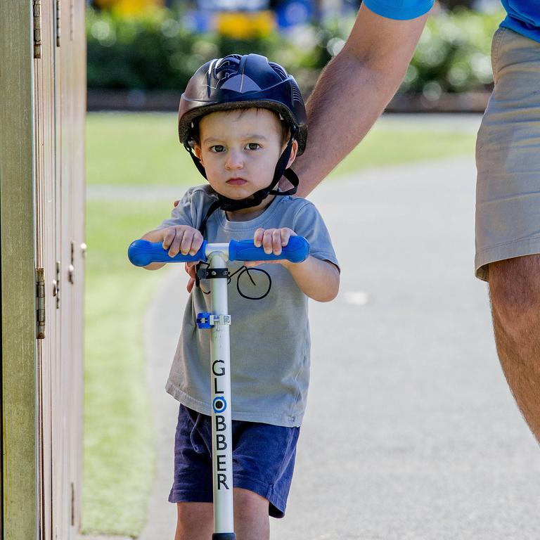 <p>Faces of the Gold Coast at Paradise Point. Nathan Hamilton with his son August, 2. . Picture: Jerad Williams</p>