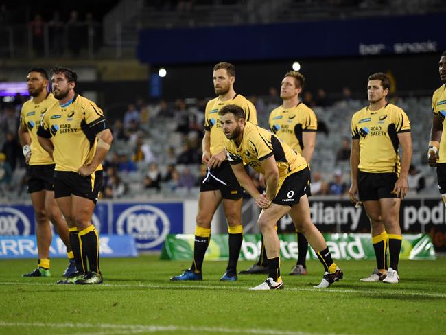 Western Force players react after losing the Round 3 Super Rugby match between the ACT Brumbies and the Western Force at GIO Stadium in Canberra, Friday, March 10, 2017. (AAP Image/Lukas Coch) NO ARCHIVING, EDITORIAL USE ONLY