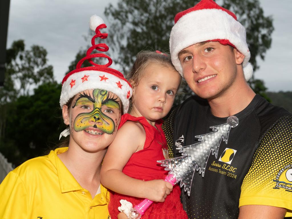 Evie Saye, Layla Saye and Zane Saye at Christmas Carols Hosted by Sarina Surf Lifesaving Club Saturday 21 December 2024 Picture:Michaela Harlow