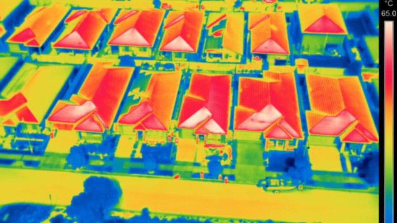 Thermal imaging shows the extreme consequences of dark roofs and no tree cover in this Western Sydney housing estate.