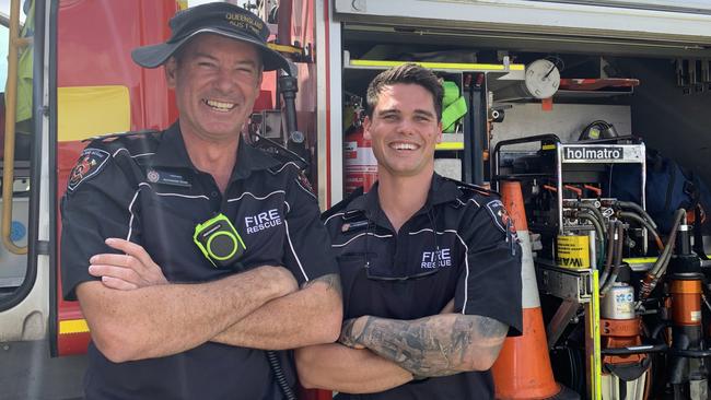 Firefighters Mackenzie Rowe (left) and Kyle McCormack stopped by Whitsunday Anglican School for the 2022 Sony Foundation camp in Mackay. Picture: Duncan Evans