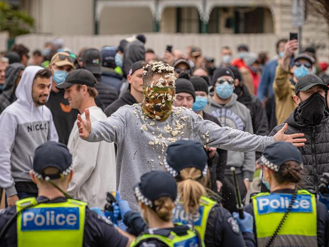 Police sprayed protesters with the deterrent after the march turned violent. Picture: Jason Edwards