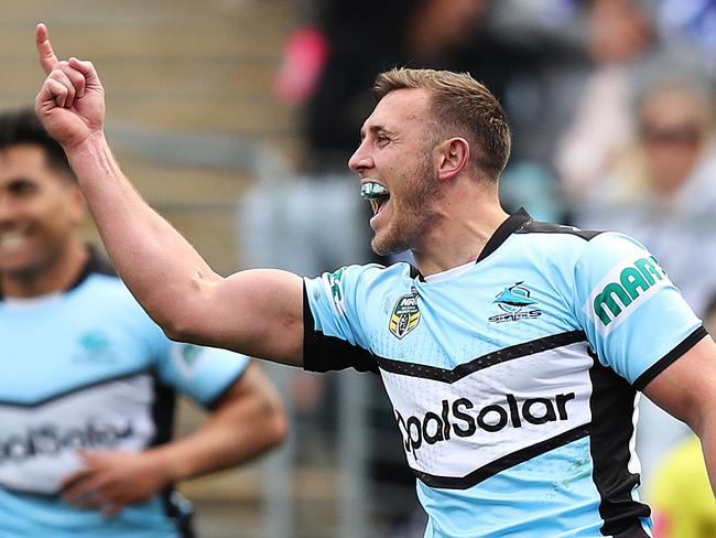 Cronulla's Kurt Capewell celebrates after scoring a try during the Cronulla Sharks v Bulldogs NRL match at ANZ Stadium, Homebush. Picture: Brett Costello