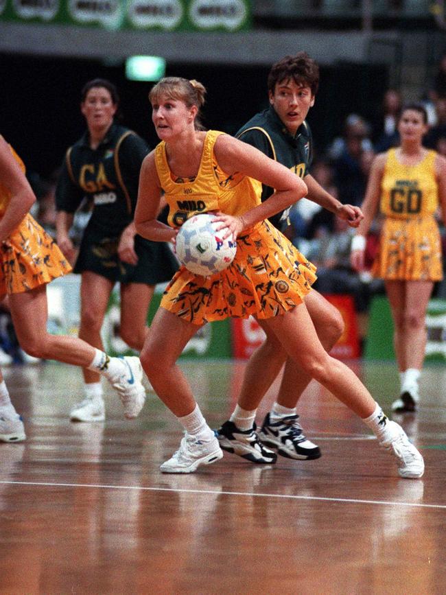 Australian netballer Nicole Cusack with the ball against South Africa. June 96 a/ct /netball