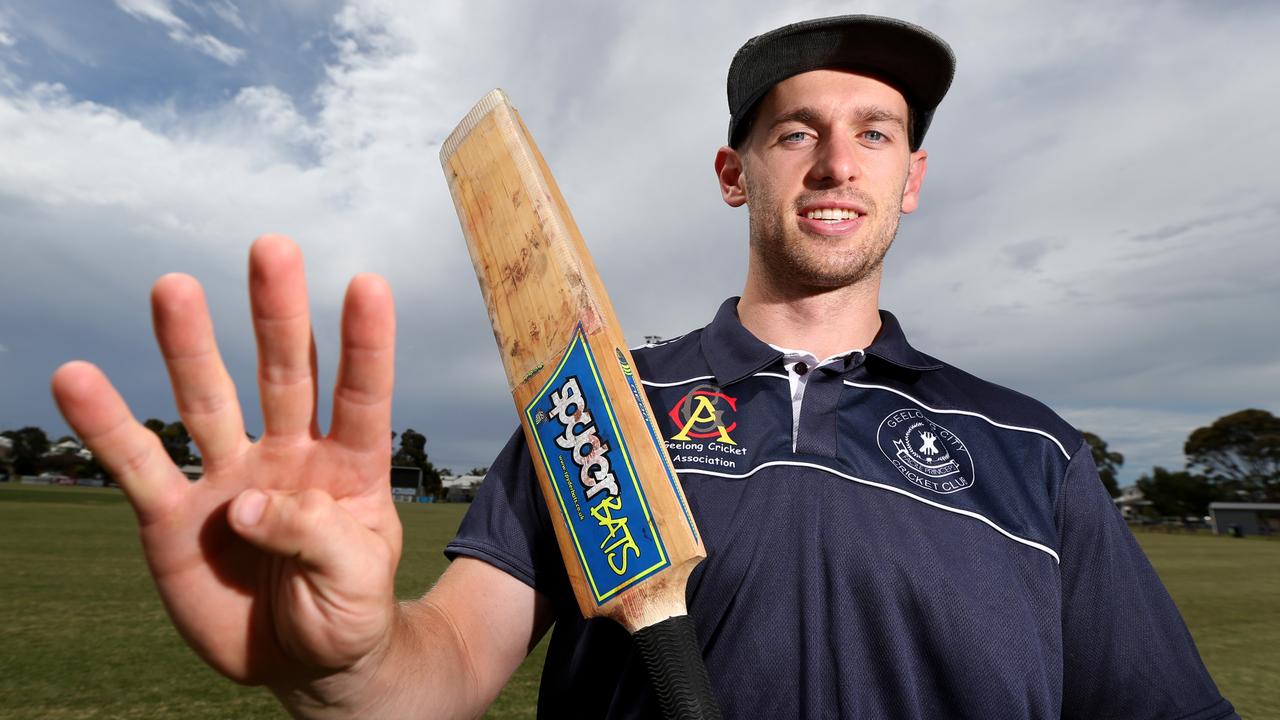 Local cricketer Jack Driver hit four sixes in the final over to win a GCA2 Firsts match for Geelong City. Picture: Mike Dugdale