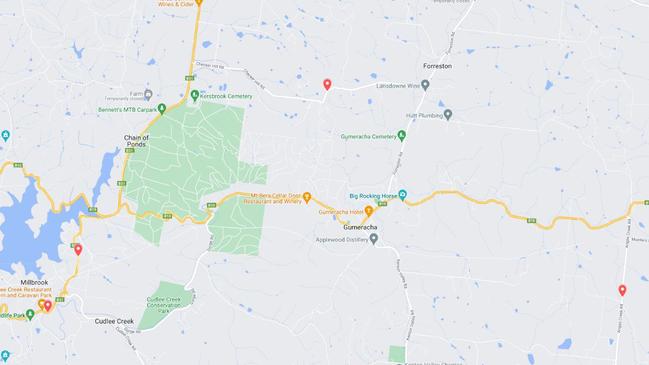 The ATM was allegedly stolen in Cudlee Creek, before it was found in two pieces over a 10km stretch of road. Picture: Google Maps