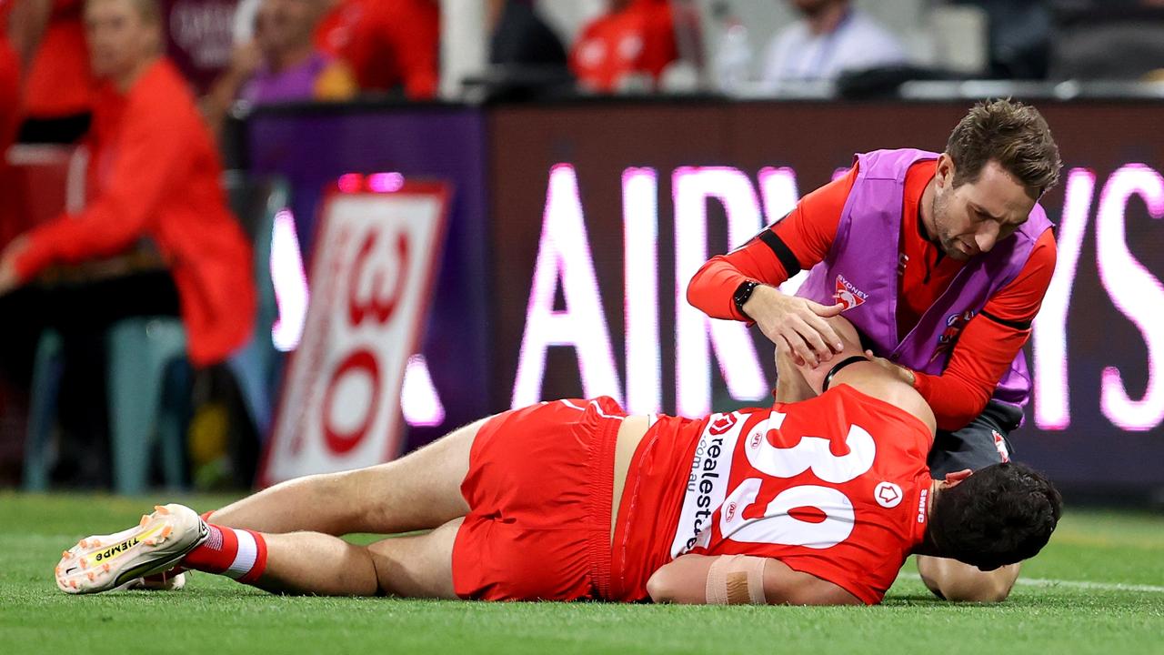 Paddy McCartin was unsteady on his feet following a distressing incident early in the game against Port Adelaide. Picture: Brendon Thorne / Getty Images