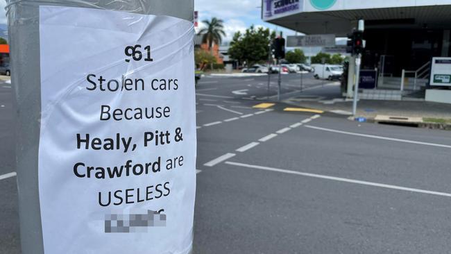 Messages calling out Far North MPs have appeared throughout the Cairns CBD is response to almost 1000 cars stolen since the start of the year.