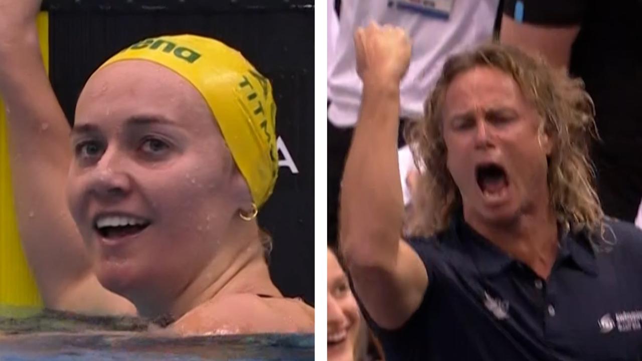 Dean Boxall went bananas as Ariarne Titmus shattered the world record and won gold in the Women's 400m Freestyle at the World Swimming Championships. Picture: Supplied