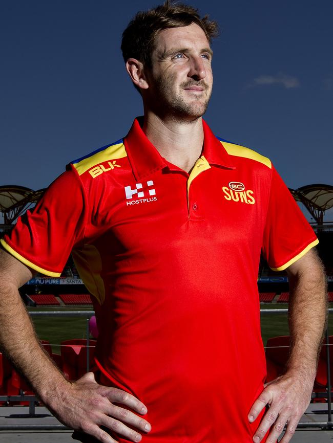 Michael Barlow in his new colours after joining the Gold Coast Suns. Picture: Jerad Williams