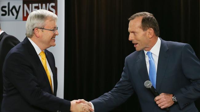 Prime Minister Kevin Rudd and opposition leader Tony Abbott before the 2013 leaders debate people's forum at the Broncos Leagues club in Brisbane.