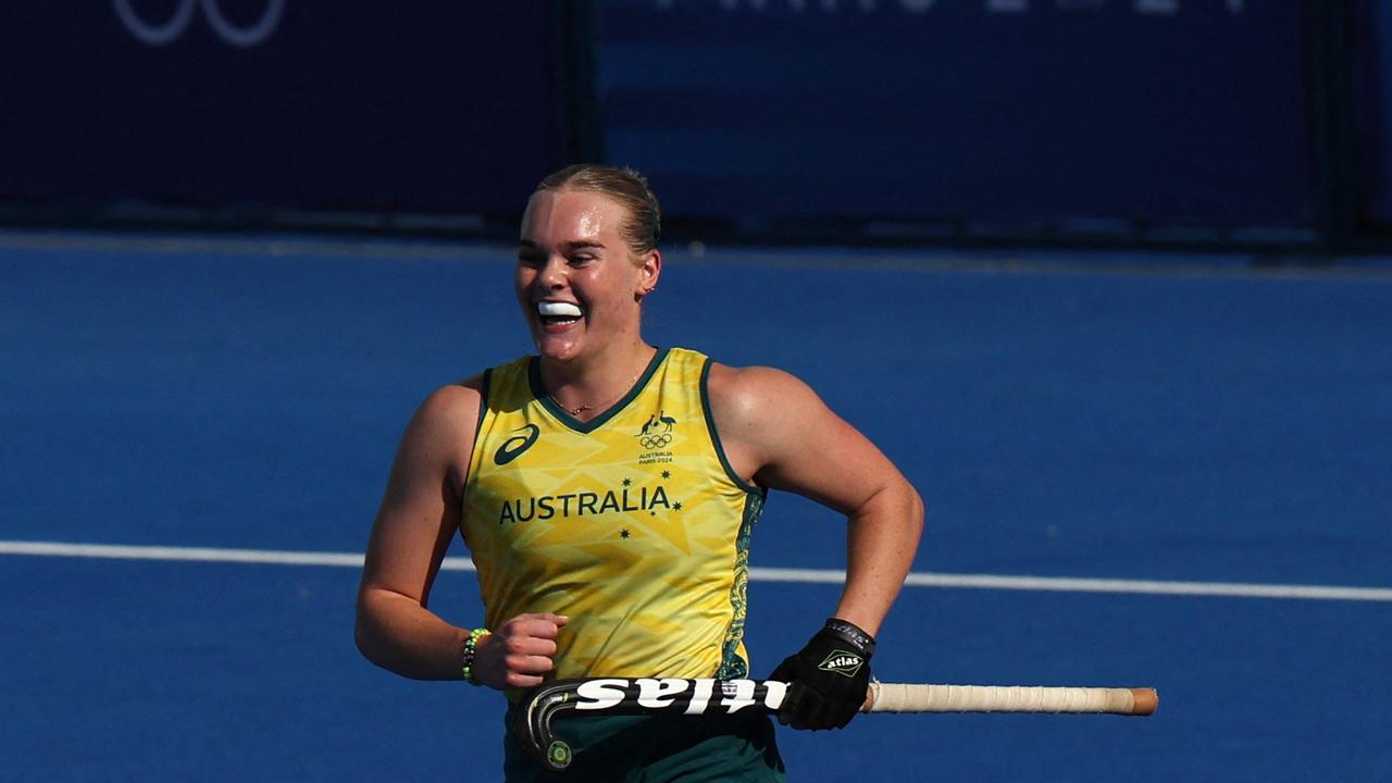 Tatum Stewart celebrates scoring a goal for Australia.