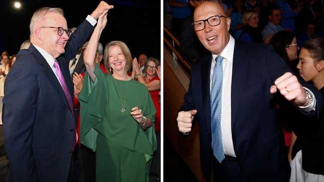 Anthony Albanese with former prime minister Julia Gillard during the Labor campaign launch in Perth, and Peter Dutton comes out fighting at the Liberal launch in western Sydney. Picture: AAP, Richard Dobson/NewsWire