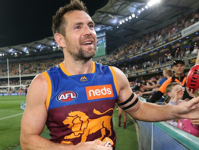 BRISBANE, AUSTRALIA - SEPTEMBER 14: Luke Hodge of the Lions thanks fans after the loss during the AFL Semi Final match between the Brisbane Lions and the Greater Western Sydney Giants at The Gabba on September 14, 2019 in Brisbane, Australia. (Photo by Jono Searle/AFL Photos)