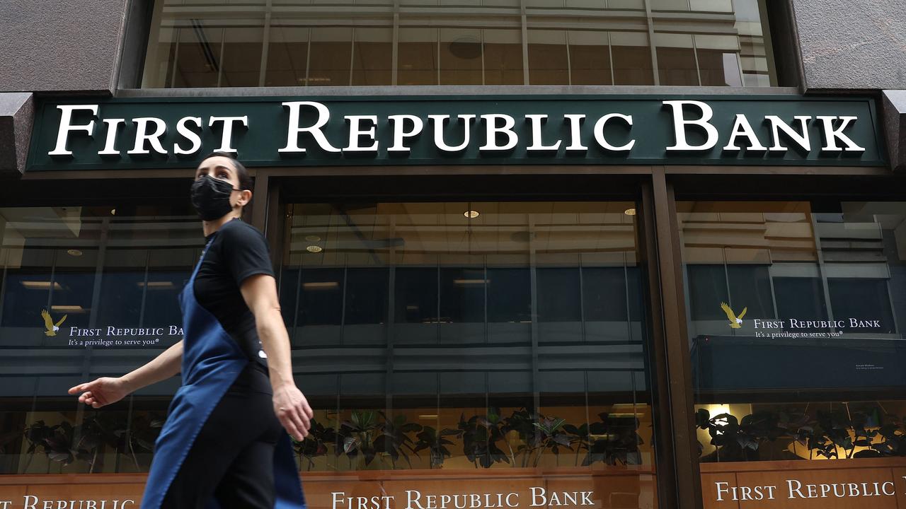 First Republic Bank shares lost over 60 per cent on Monday as it teeters following the collapse of three US banks. Picture: Justin Sullivan/Getty Images/AFP