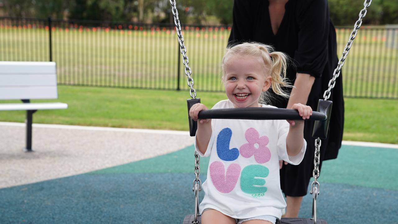 Division 6 representative Councillor Suzy Batkovic with playground visitor Poppy Shaw at the new Riverside Green Park at Douglas. Picture: Supplied.