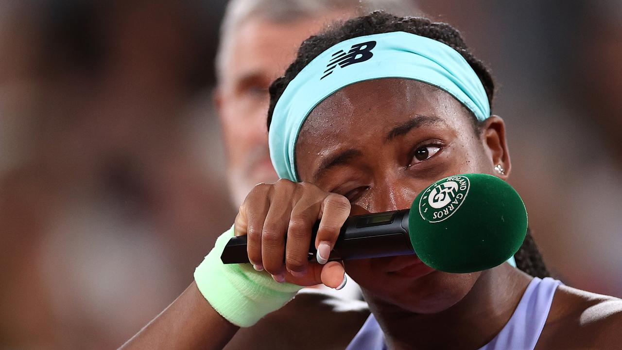 Coco Gauff wipes away tears following her French Open final defeat to Iga Swiatek. Picture: Getty