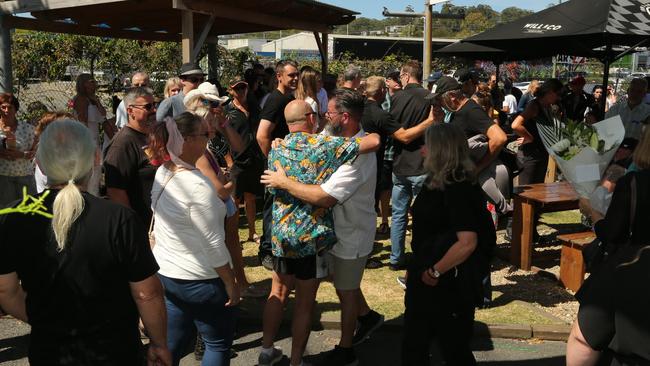 The Mowats were joined by family and friends on Saturday where they gathered at Iron and Resin Garage at Currumbin to celebrate Joshua’s life. Picture: Mike Batterham.