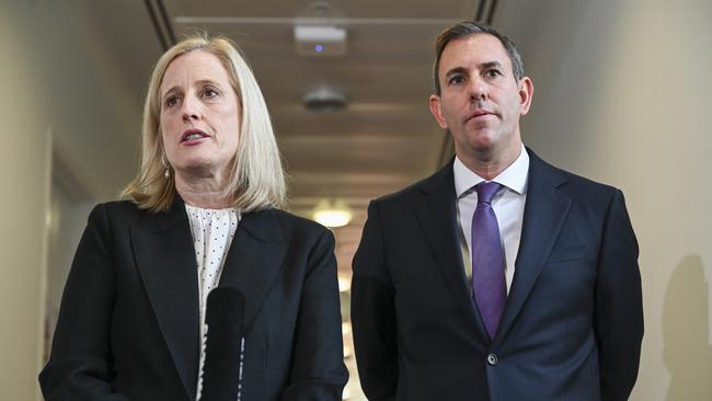 Finance Minister Katy Gallagher and Treasurer Jim Chalmers in Canberra on Monday. Picture: NewsWire / Martin Ollman
