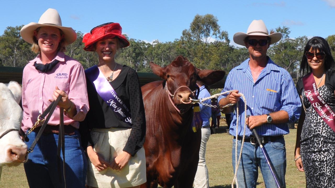 Reserve Champion Female of the Eidsvold Show with Tania Hartwig – Tanic Charolais Stud, 2013 Junior showgirl Karlea Hindmarsh, Champion Female with Shane Hatton – Diamond H Santa Stud, and 2013 Eidsvold Miss Showgirl Danielle Dodd. Photo Contributed