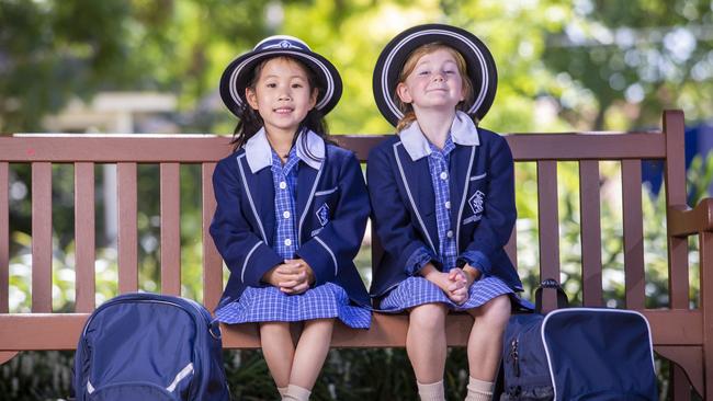 Preps Evie Chen and Tillie Dixon are starting their first day of school at Lauriston Girls School this week. Picture: Wayne Taylor.