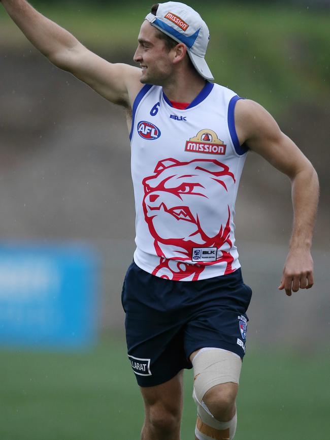 Luke Dahlhaus back at training with his knee taped. Picture: Michael Klein