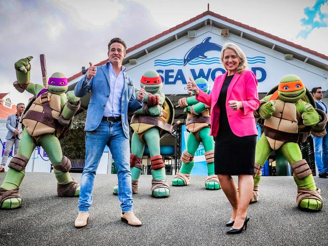 Village Roadshow CEO Clark Kirby (right) pictured with State Development Minister Kate Jones. Picture: Nigel Hallett