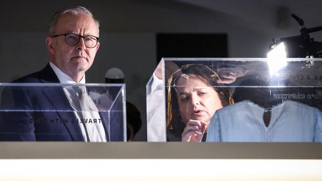 Prime Minister Anthony Albanese reacts as he is shown exhibits at the Sydney Jewish Museum on Wednesday. Picture: AFP