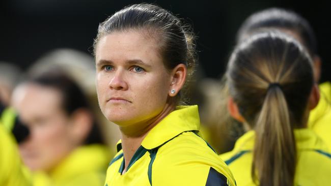 GQEBERHA, SOUTH AFRICA - FEBRUARY 14: Jess Jonassen of Australia looks on during the ICC Women's T20 World Cup group A match between Australia and Bangladesh at St George's Park on February 14, 2023 in Gqeberha, South Africa. (Photo by Mike Hewitt/Getty Images)