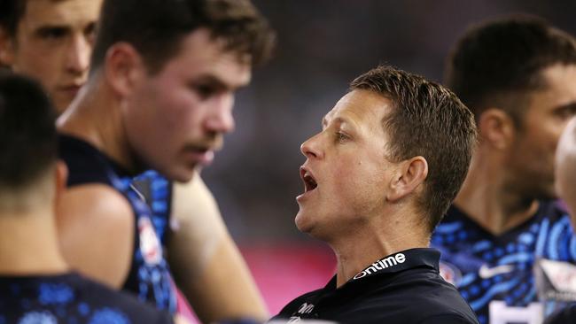 Sacked Carlton coach Brendon Bolton addresses his troops. Picture: Michael Klein.