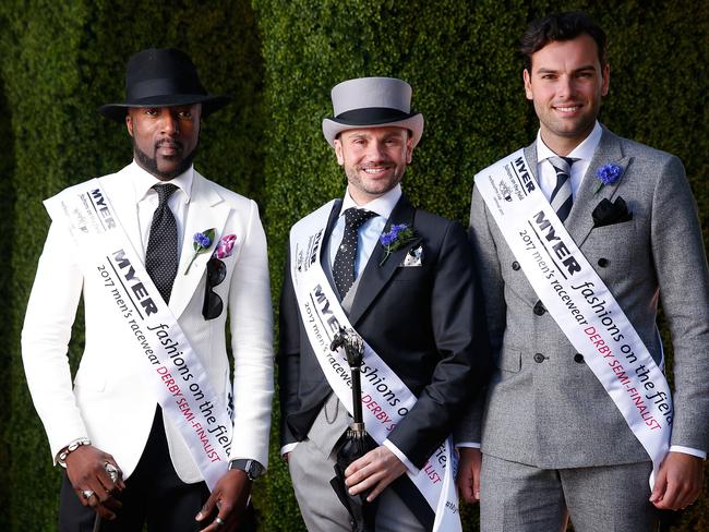 Men's Myer Fashions on the Field winners Gilles Belinga, Neil Carpenter and Alexander Jordan pose at The Park. Picture: Daniel Pockett, Getty Images.