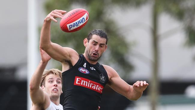 Brodie Grundy in full flight at Collingwood’s pre-season training. Picture: David Crosling/AAP