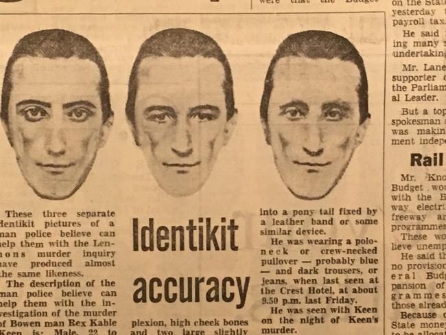 A newspaper article from August 13, 1976 with an identikit picture of a possible person of interest.