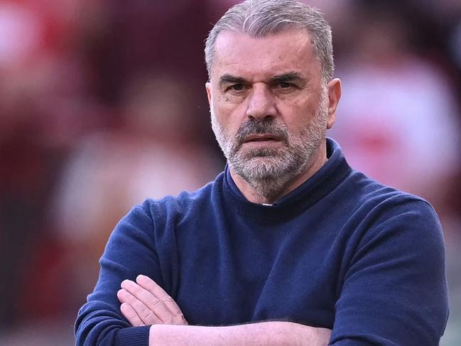 Tottenham Hotspur's Greek-Australian Head Coach Ange Postecoglou looks on during the English Premier League football match between Liverpool and Tottenham Hotspur at Anfield in Liverpool, north west England on April 27, 2025. (Photo by Paul ELLIS / AFP) / RESTRICTED TO EDITORIAL USE. No use with unauthorized audio, video, data, fixture lists, club/league logos or 'live' services. Online in-match use limited to 120 images. An additional 40 images may be used in extra time. No video emulation. Social media in-match use limited to 120 images. An additional 40 images may be used in extra time. No use in betting publications, games or single club/league/player publications. /