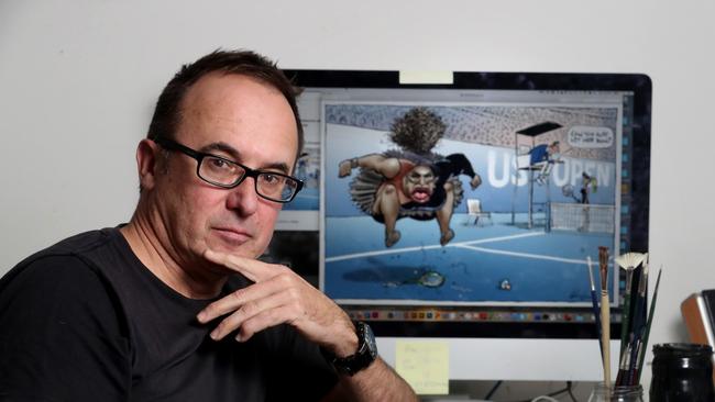 Cartoonist Mark Knight at his studio with his depiction of Serena Williams. Picture: David Geraghty