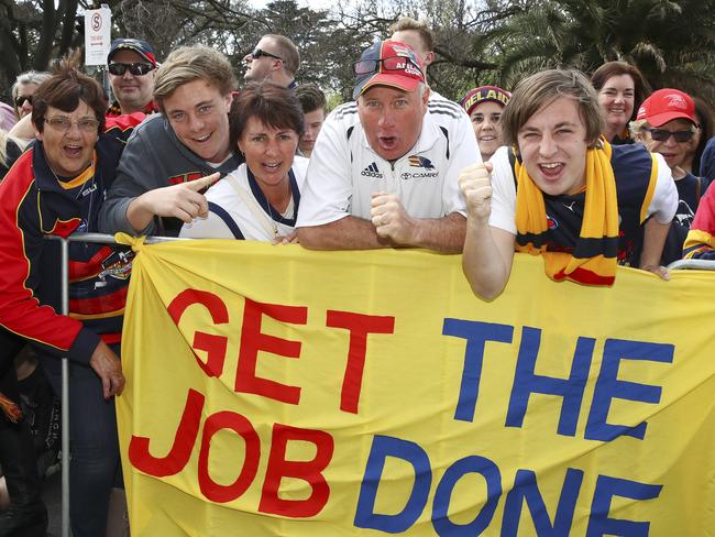 Crows fans Roslyn Schulz, Mitchell Norton and mum Tania, father Allan and son Joshua in Melbourne. Picture: Sarah Reed