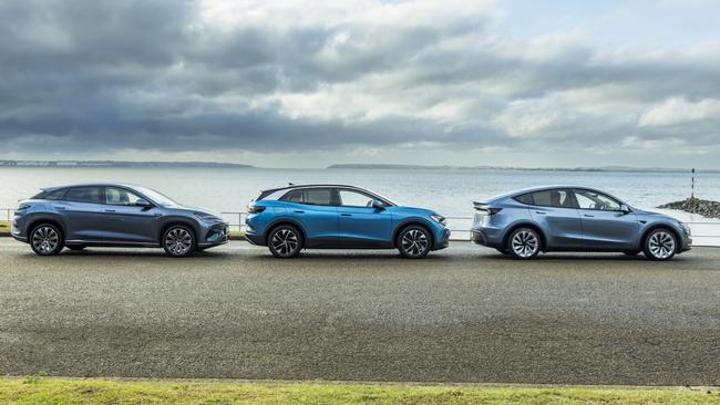 2025 Tesla Model Y, BYD Sealion 7 and Volkswagen ID. 4 Pro. Picture: Mark Bean