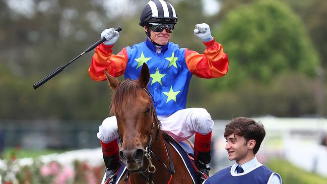 SYDNEY, AUSTRALIA - NOVEMBER 04: Craig Williams riding Bella Nipotina wins Race 7 Giga Kick Stakes during James Squire Golden Eagle Day - Sydney Racing at Rosehill Gardens on November 04, 2023 in Sydney, Australia. (Photo by Jeremy Ng/Getty Images)