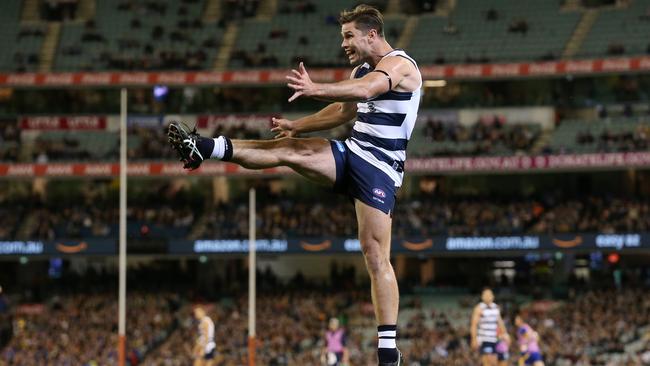 Tom Hawkins has been a mainstay of the Cats’ attack for a decade. Pic: Michael Klein