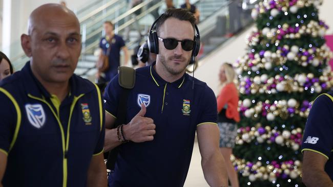 South African Cricket Captain Faf du Plessis arrives at Adelaide Airport giving the thumbs up