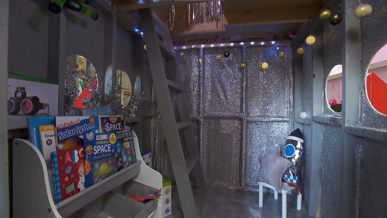 Ronnie and Georgia’s space-themed cubby house featured a glittering interior and a second storey. Picture: Supplied, Channel 9