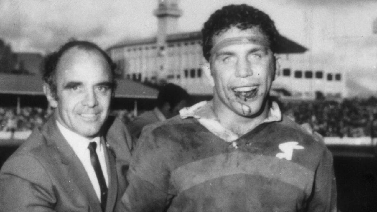 Souths coach Clive Churchill and captain John Sattler after Souths victory in the 1970 grand final.