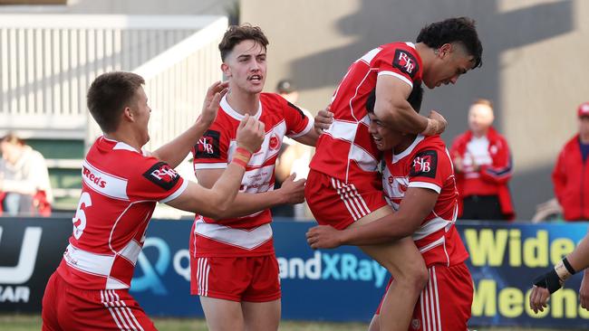 PBC celebrate a try, Langer Trophy semi-final, Keebra Park vs Palm Beach Currumbin, Kougair Oval, Manly West. Picture: Liam Kidston