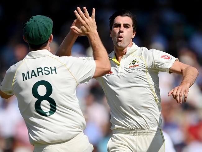 Pat Cummins celebrates dismissing Joe Root on day 2 of the Headingley Test. Picture: Stu Forster/Getty Images